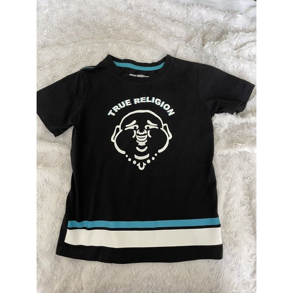 True Religion Youth Kids Black Striped Buddha T Shirt Size 6 - Picture 1 of 6